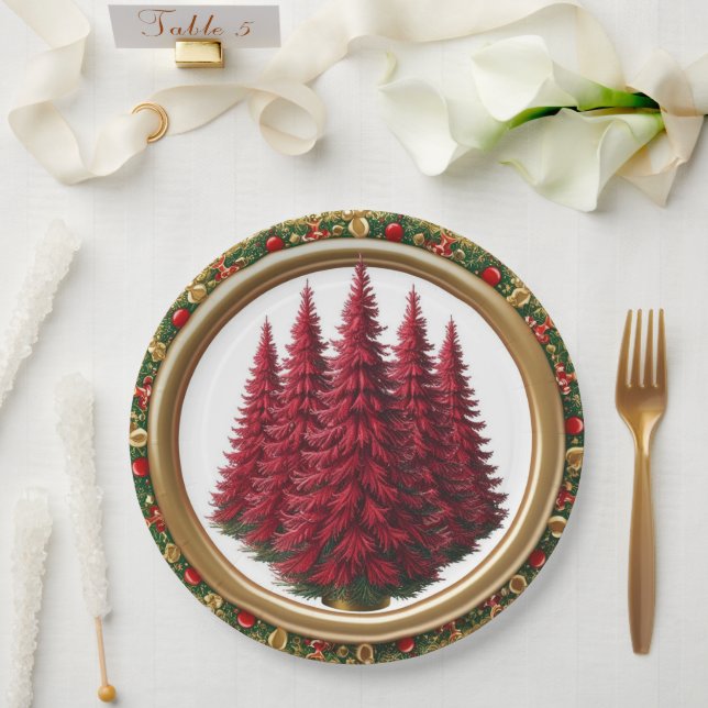 Elegant Red Wreath Berries Gold merry Xmas tree Paper Plates (Wedding)