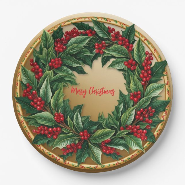 Elegant Red Wreath Holly Berries Christmas Gold me Paper Plates (Front)