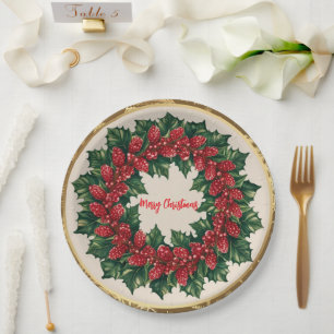 Elegant Red Wreath Holly Berries Christmas Gold me Paper Plates