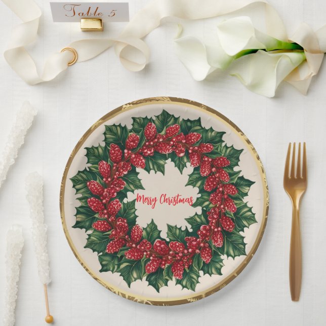 Elegant Red Wreath Holly Berries Christmas Gold me Paper Plates (Wedding)