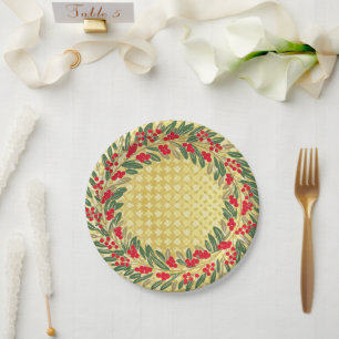 Elegant Red Wreath Holly Berries Christmas Gold Paper Plates