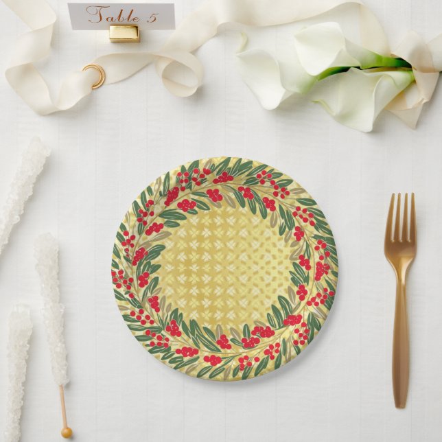 Elegant Red Wreath Holly Berries Christmas Gold  Paper Plates (Wedding)