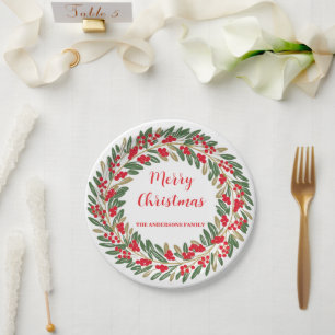 Elegant Red Wreath Holly Berries Christmas Gold Paper Plates