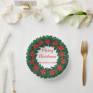 Elegant Red Wreath Holly Berries Christmas Green Paper Bowls