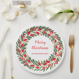 Elegant Red Wreath Holly Berries Christmas Green Paper Plates