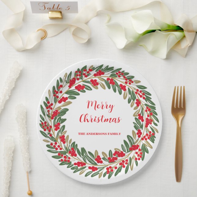 Elegant Red Wreath Holly Berries Christmas Green Paper Plates (Wedding)