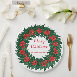 Elegant Red Wreath Holly Berries Christmas Green Paper Plates