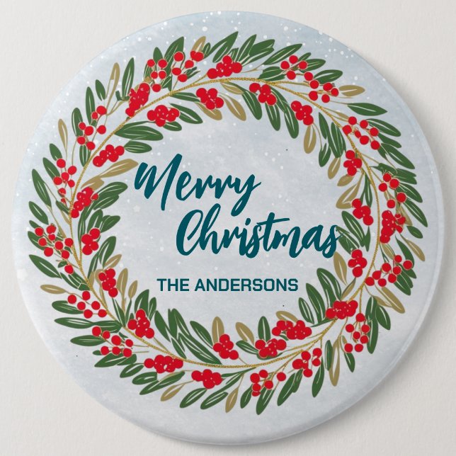 Elegant Red Wreath Holly Berries Gold merry Xmas  Button (Front)