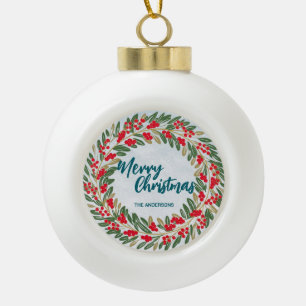 Elegant Red Wreath Holly Berries Gold merry Xmas  Ceramic Ball Christmas Ornament