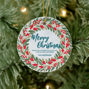 Elegant Red Wreath Holly Berries Gold merry Xmas Ceramic Ornament