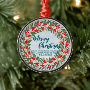 Elegant Red Wreath Holly Berries Gold merry Xmas  Metal Ornament