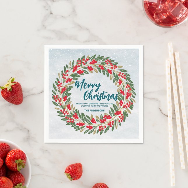 Elegant Red Wreath Holly Berries Gold merry Xmas  Napkins (Insitu)