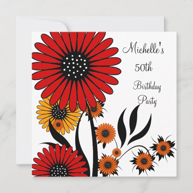 Elegant Red Yellow Floral White 50th Birthday Invitation (Front)