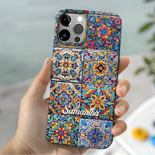 Elegant Red Yellow Mexican Talavera Monogram iPhone 15 Case