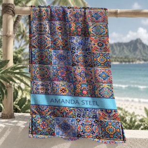 Elegant Red Yellow Mexican Talavera Tile Monogram Beach Towel