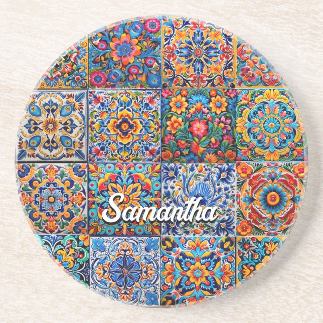 Elegant Red Yellow Mexican Talavera Tile Pattern Coaster (Front)