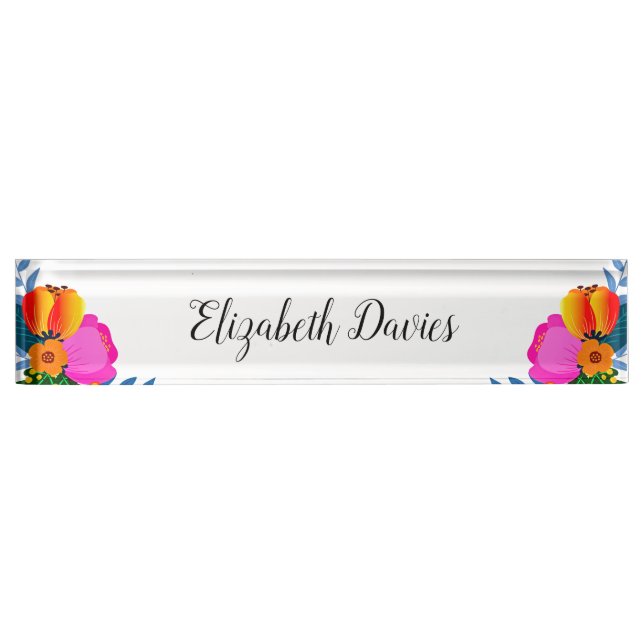 Elegant Red Yellow Pink Fuchsia Flowers Desk Name Plate (Front)