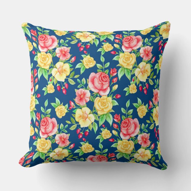 Elegant Red Yellow Rose Floral Pattern Throw Pillow (Front)