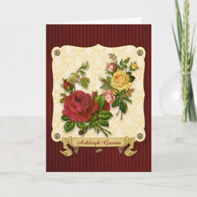 Elegant Red Yellow Roses Damask Vintage Cutouts Card (Front)
