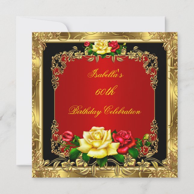 Elegant Red Yellow Roses Gold Birthday Party Invitation (Front)