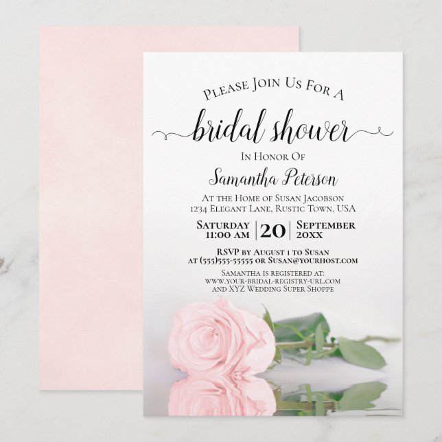 Elegant Reflecting Blush Pink Rose Bridal Shower Invitation (Front/Back)