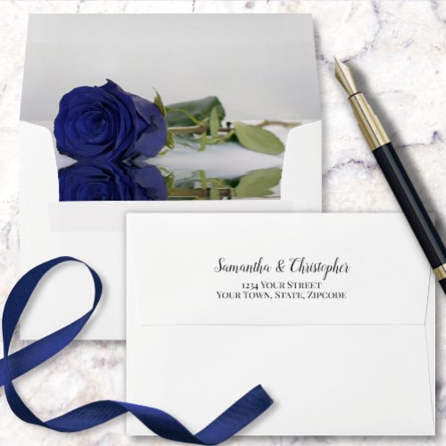 Elegant Reflecting Deep Navy Blue Rose Wedding Envelope