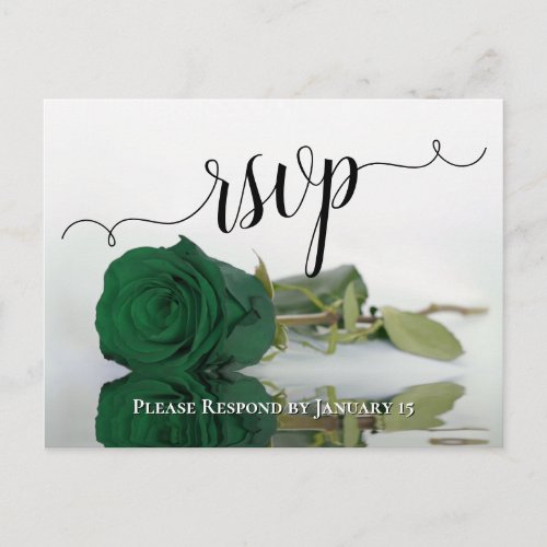Elegant Reflecting Emerald Green Rose Wedding RSVP Postcard