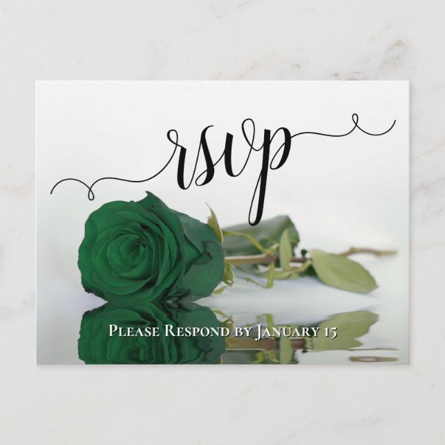 Elegant Reflecting Emerald Green Rose Wedding RSVP Postcard (Front)