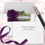 Elegant Reflecting Plum Purple Rose Wedding Envelope<br><div class="desc">These beautiful wedding envelopes are perfect for making your invitations all the more special. They feature a romantic design on the inside flap with a single long-stemmed plum purple or eggplant colored rose reflecting with waves and ripples. The back flap has your return address in lacy script calligraphy. Sophisticated and...</div>