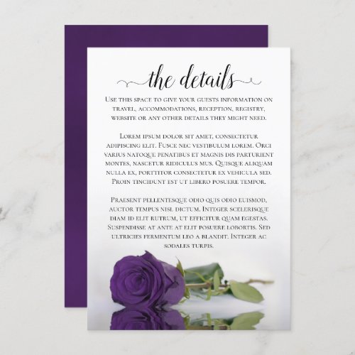 Elegant Reflecting Purple Rose Wedding Details Enclosure Card