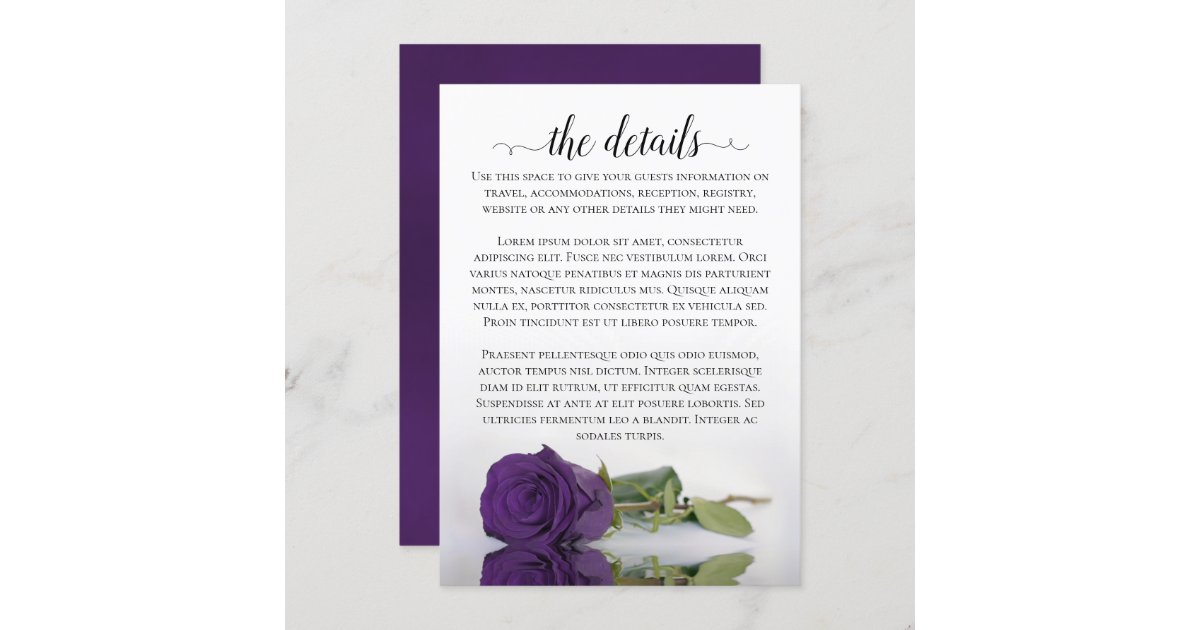 Elegant Reflecting Purple Rose Wedding Details Enclosure Card | Zazzle