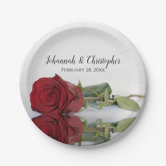 Elegant Reflecting Red Rose Romantic Wedding Paper Plates (Front)