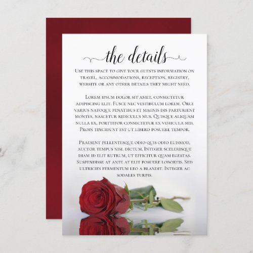 Elegant Reflecting Red Rose Wedding Details Enclosure Card