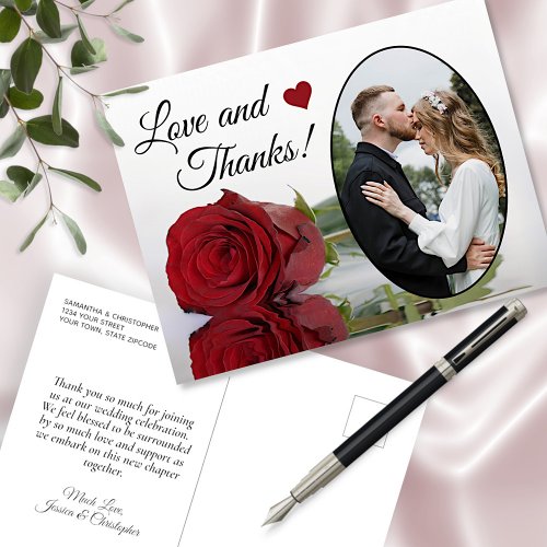 Elegant Reflecting Red Rose Wedding Love  Thanks Postcard