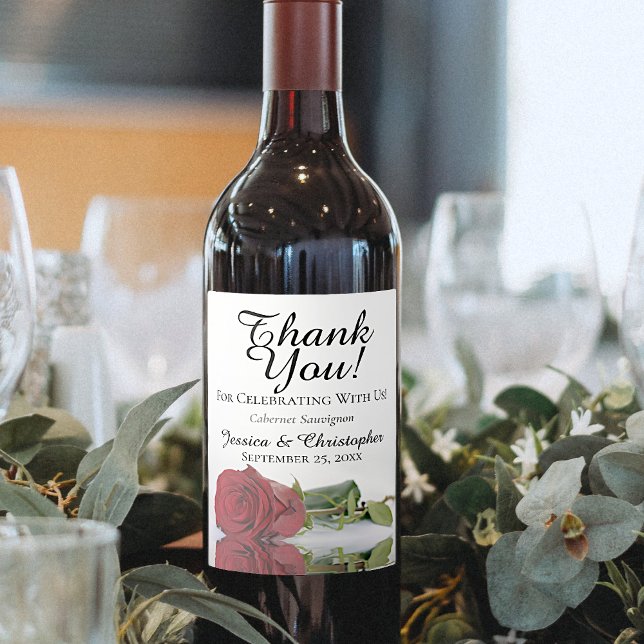 Elegant Reflecting Red Rose Wedding Thank You Wine Label (Creator Uploaded)