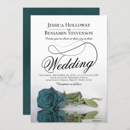Elegant Reflecting Teal Rose Classy Script Wedding Invitation