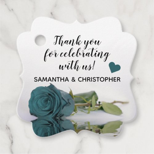 Elegant Reflecting Teal Rose Wedding Thank You Favor Tags