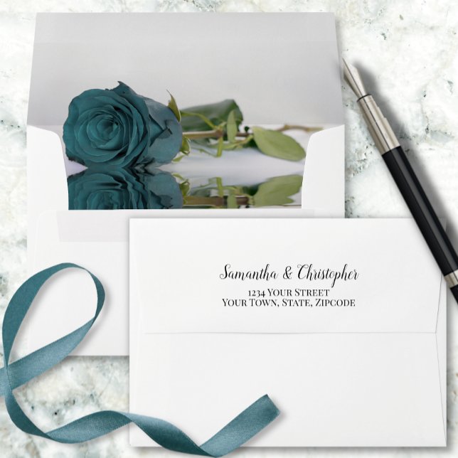 Elegant Reflecting Teal Turquoise Rose Wedding Envelope (Creator Uploaded)