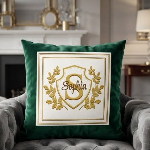 Elegant Regal Emerald Green & Gold Crest Monogram Throw Pillow