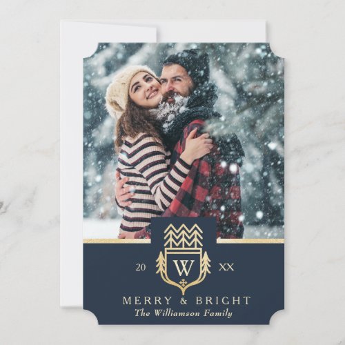 Elegant  Regal Family Crest Gold  Navy Photo Holiday Card