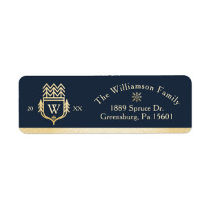 Elegant & Regal Family Crest Gold & Navy Snowflake Label