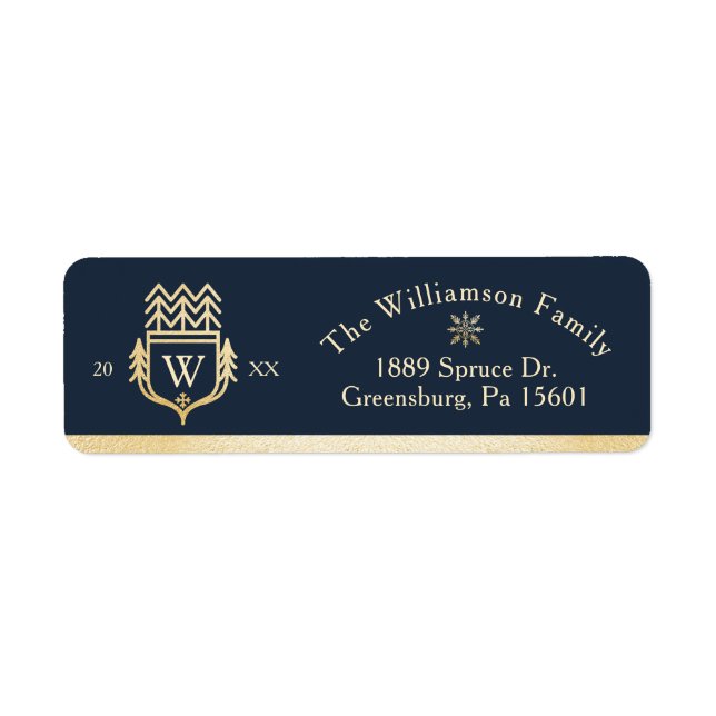Elegant & Regal Family Crest Gold & Navy Snowflake Label (Front)