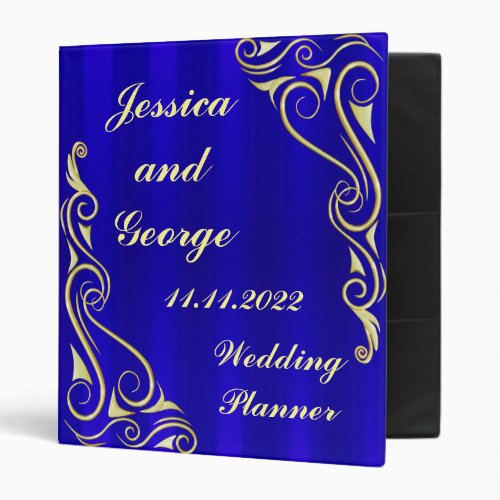 Elegant Regal Golden and Blue Typography Wedding 3 Ring Binder