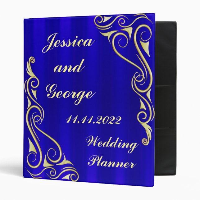 Elegant Regal Golden and Blue Typography Wedding 3 Ring Binder (Front/Inside)