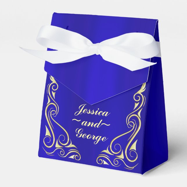 Elegant Regal Golden and Royal Blue Wedding Favor Boxes (Front Side)