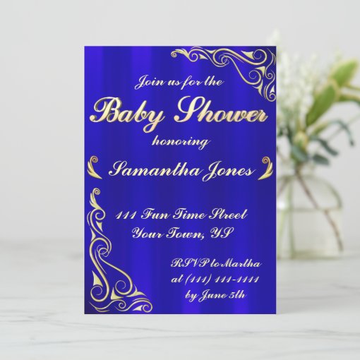 Elegant Regal Golden Royal Blue Baby Shower Invitation Zazzle