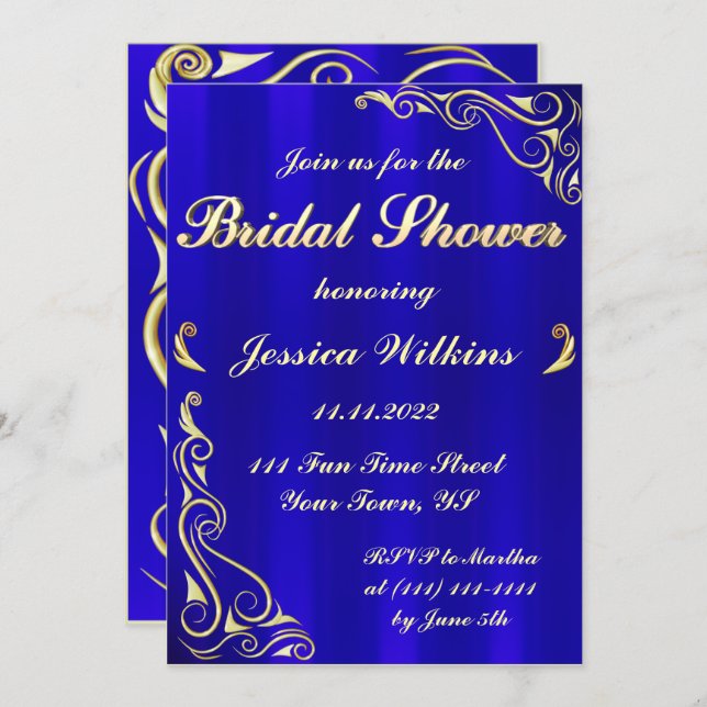 Elegant Regal Golden Royal Blue Bridal Shower Invitation (Front/Back)