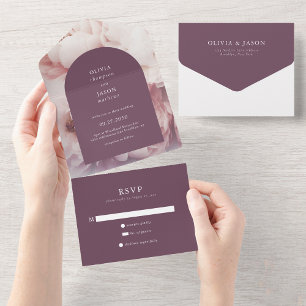 Elegant Regal Purple Peonies Arch Rsvp Wedding All In One Invitation