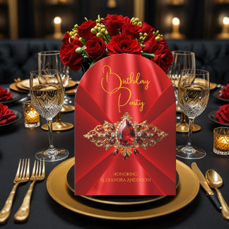 Elegant Regal Red Birthday Gold Jewel Faux Silk Invitation