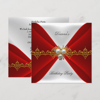 Elegant Regal Red Birthday Gold Jewel White Silk Invitation